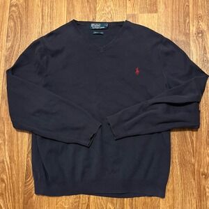 Polo‎ Ralph Lauren Sweater Men XL Navy Blue V Neck Pony Logo 100% Pima Cotton
